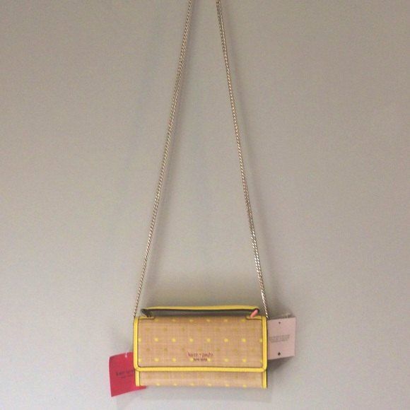 kate spade Raffia Crossbody Bag Yellow Dots Top Handle Roulette Convertible New - Picture 3 of 7